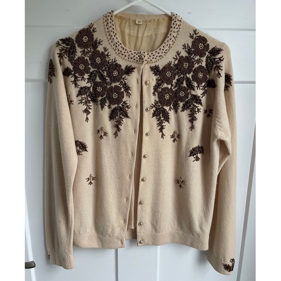 Sweaters - Vtg 1950s Hand Beaded Cardigan Cream Floral Bronze Glass Bead Sweater Lined 40